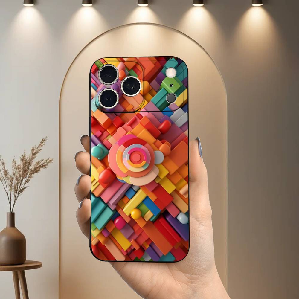 3D Art Block Cool Phone Case For iPhone 17,16,15,14,13,12,11 Plus,Pro Max,XS,X,XR,SE,Mini,8,7,Soft Silicone Black Cover