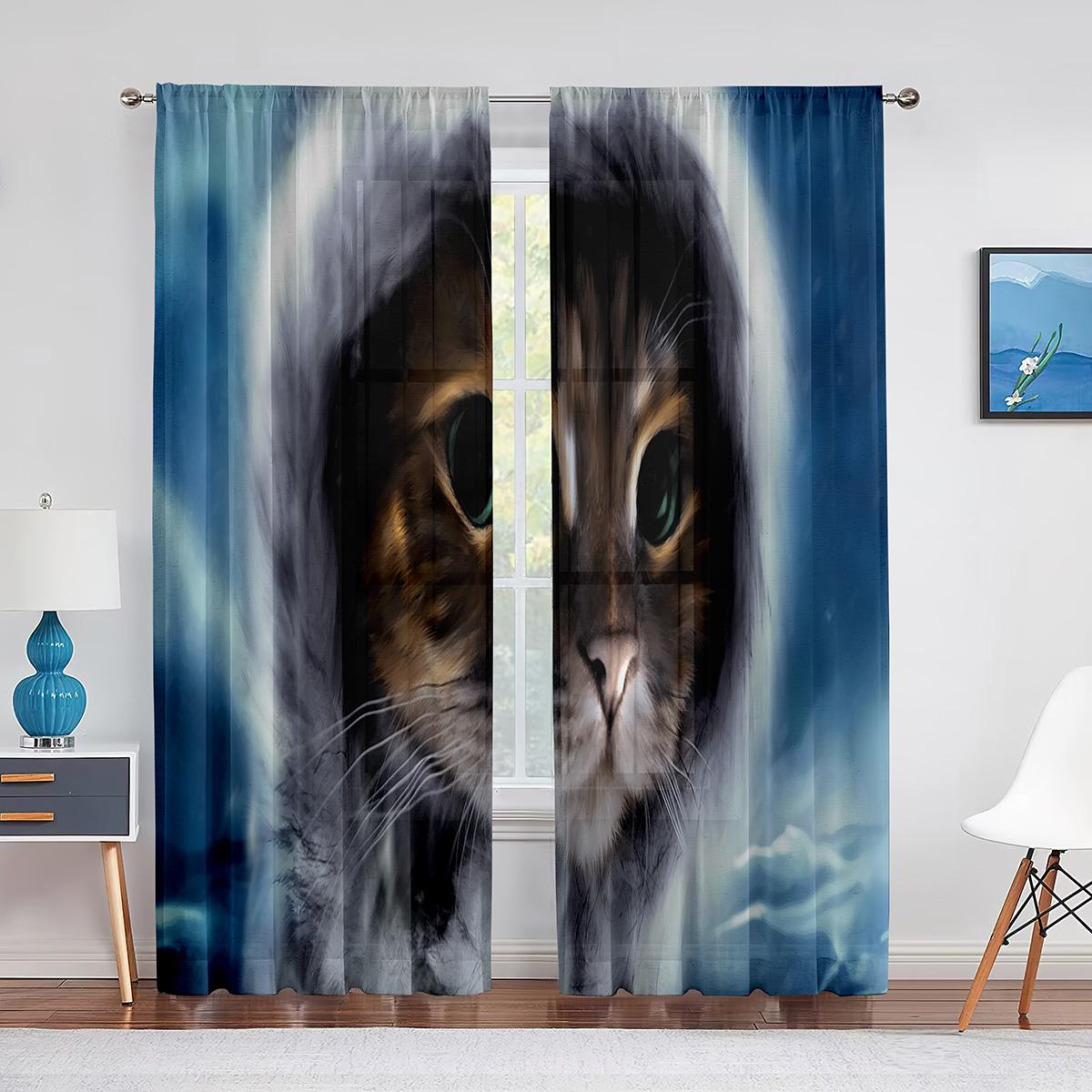 Милый Кот Золотая Рыбка Фэнтези Арт Красочные Тюлевые Шторы для Домашнего Декора Окна — фото 9