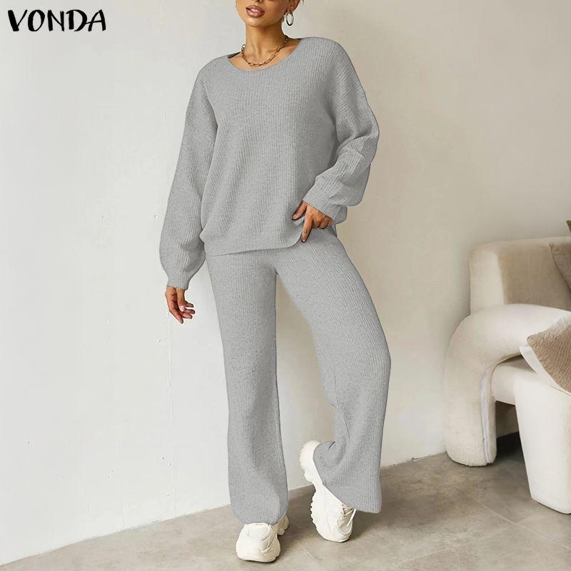 VONDA Spring Autumn Women Outfits Long Sleeve Rib Blouse and Pants Two Piece Knitted Suits