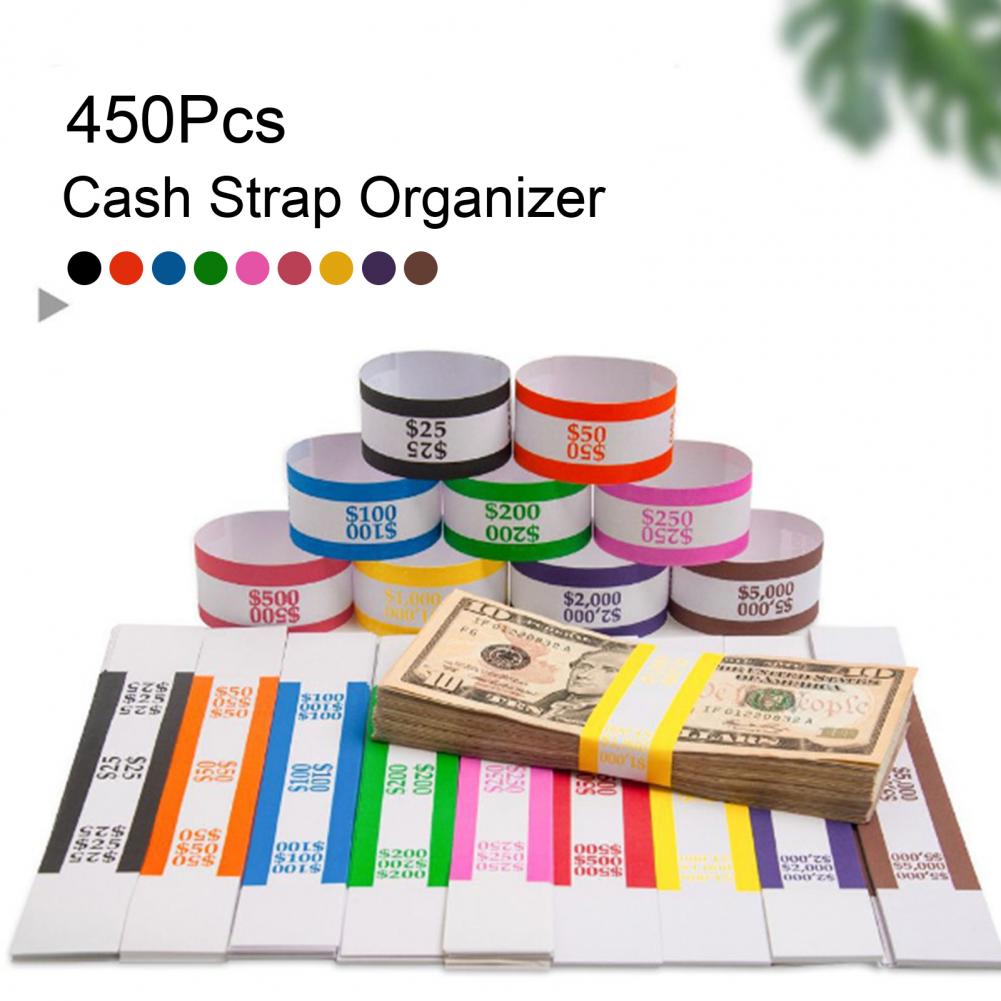 Cash Strap Organizer Money Denomination Identifier Bulk Money Band Bundle for Cash Sorting Wrapping 450 Self-sealing for Banks