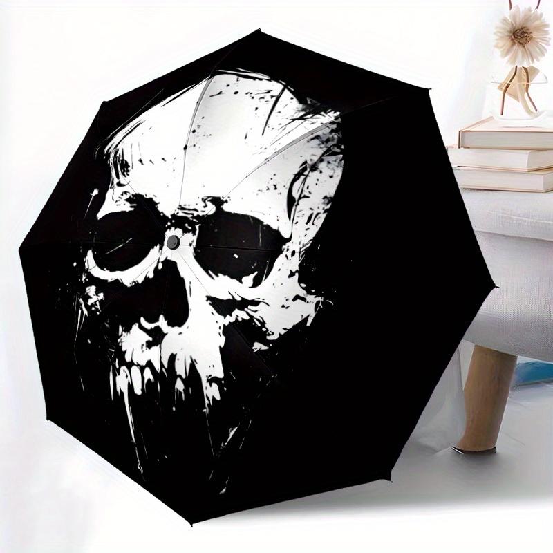 1pc Skull Art Automatic Open/close Folding Compact Umbrella, 8-Rib Sturdy Canopy, Lightweight Portable, Everyday Use, Gift, Outdoor Umbrella, Travel E