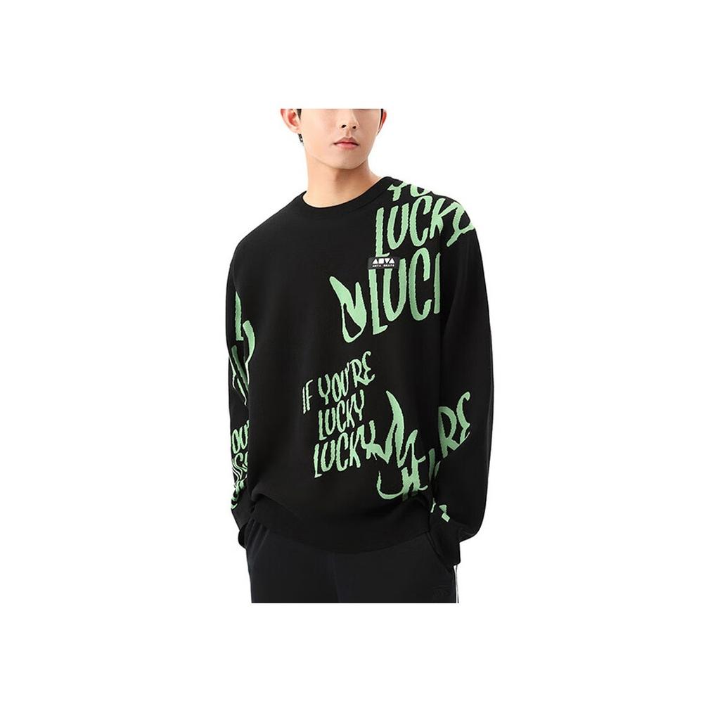 Anta Lucky You Skateboard Letter Print Round Neck Casual Pullover Long Sleeve Knit Sweater Unisex Tops Basic-Black Starry-Green 172348703S-2