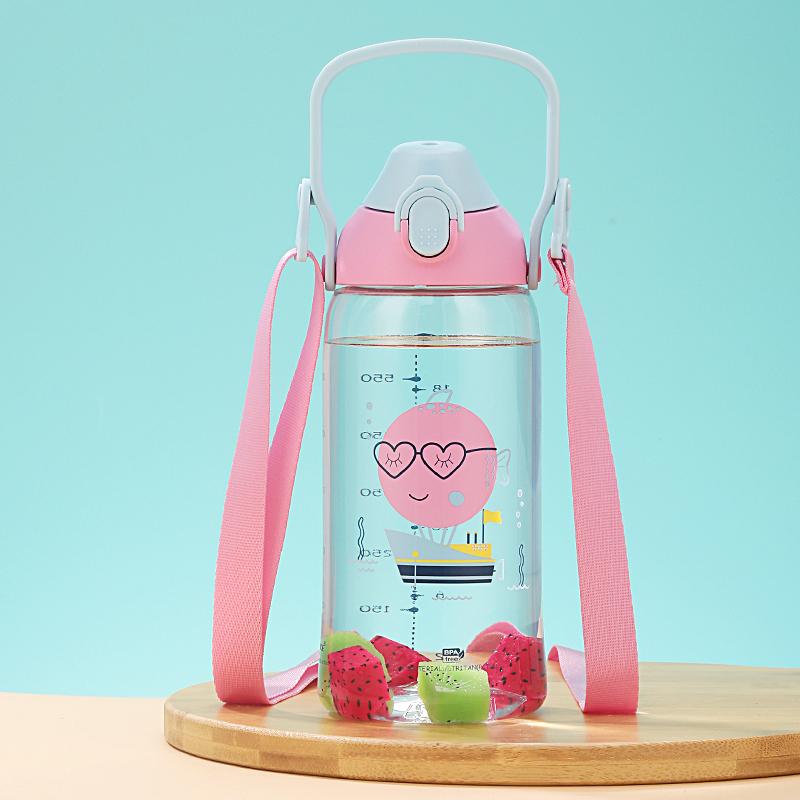 Neue Sport-Wasserflasche mit Strohhalm für Kinder, tragbar, auslaufsicher, umweltfreundliches Kunststoff-Trinkgeschirr, Zeitmarkierung, Tritan-Becher, BPA-frei