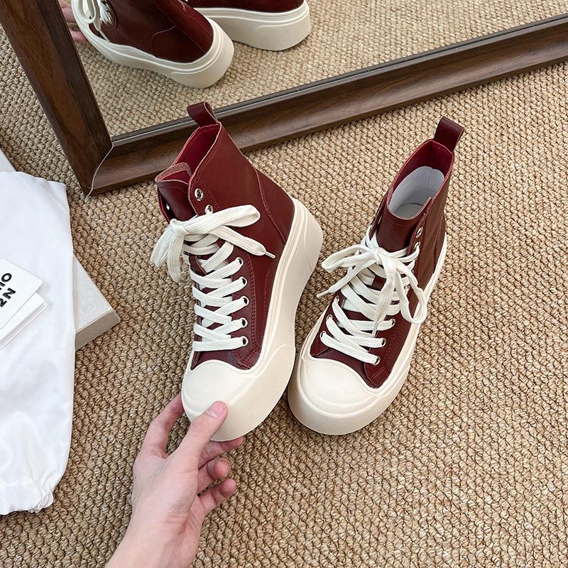 

Версия из овчины~ толстая подошва, ощущение дизайна, простые, со скрытым увеличением роста, повседневные женские туфли, новинка 2025 года, шнуровка, круглый носок, высокие кеды 40 красный