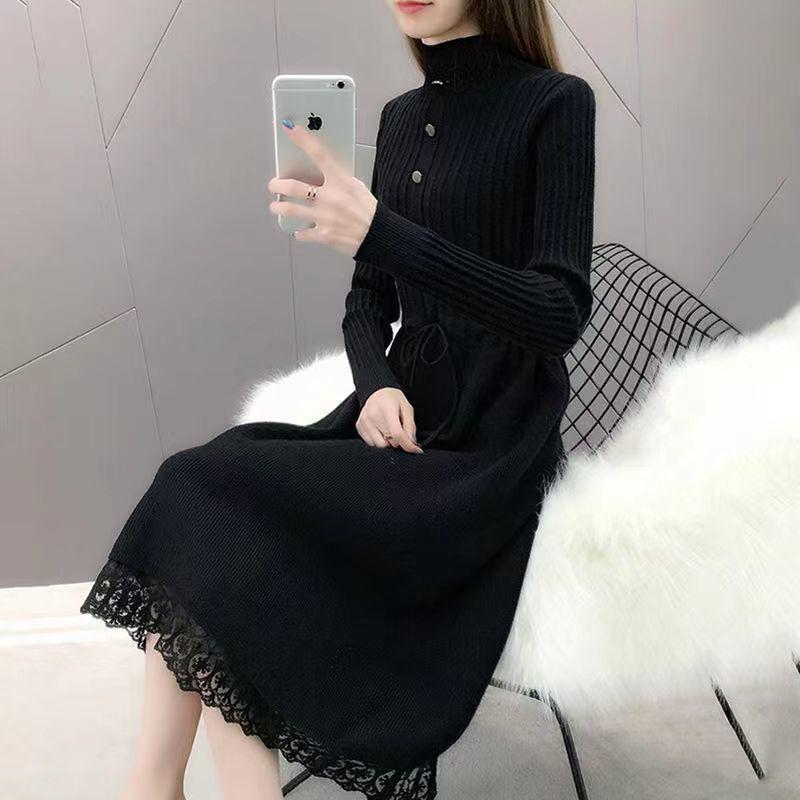 Women's Mid-Length Velvet Thick Knit Dress, Lace Loose Half-High Neck, Autumn/Winter 2025 Collection