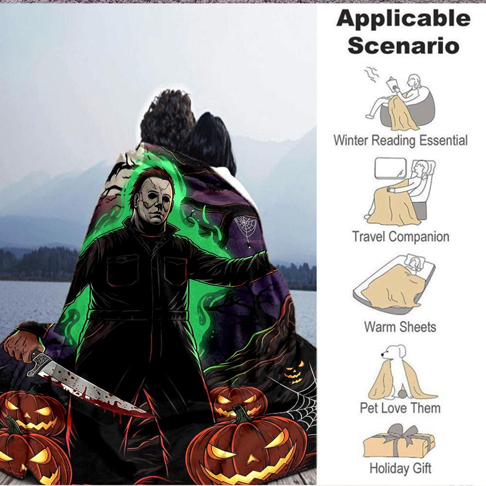 1Pc Halloween Horror Icon Flannel Blanket, Soft And Comfortable, Casual Warm, Camping Travel, Christmas, Halloween Xmas Gift N1333