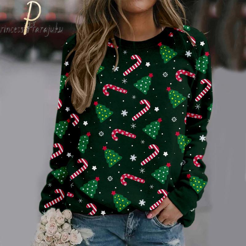 Weihnachtsdruck, langärmelig, lässig, Sweatshirt, Bluse, Pullover, Weihnachten, Strickpullover, Pullover, Top, Pullover, Damen-Sweatshirt