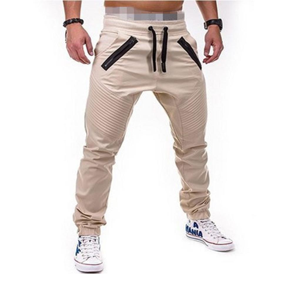 Male Casual Fashion Pants Pocket Zip Design Solid Color Retro Style Soft Jogger Drawstring Elastic Waist Trousers