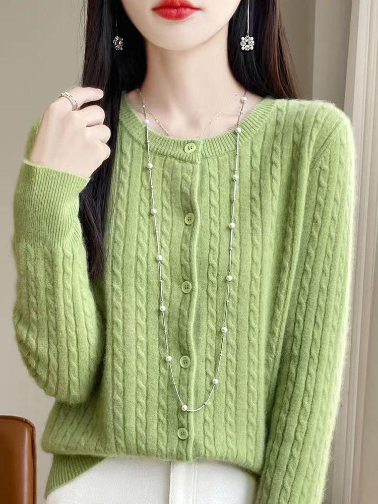 2025 Autumn/Winter Women's Thick Cable Knit Round Neck Cardigan Sweater Coat