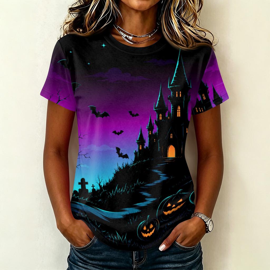 Women's Casual Pullover Short Sleeve T-Shirt Halloween Print Top Crew Neck Relaxed Fit Lightweight Tee for Everyday Wear