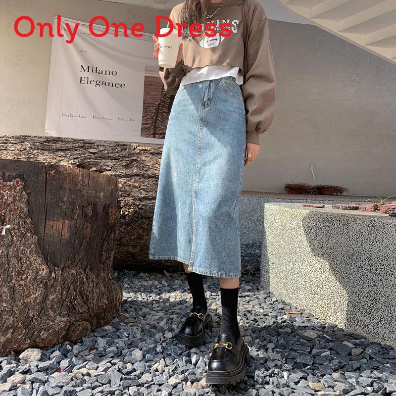 Denim Skirt Waterwash A Line Midi Skirt With Side Slit For Casual Women