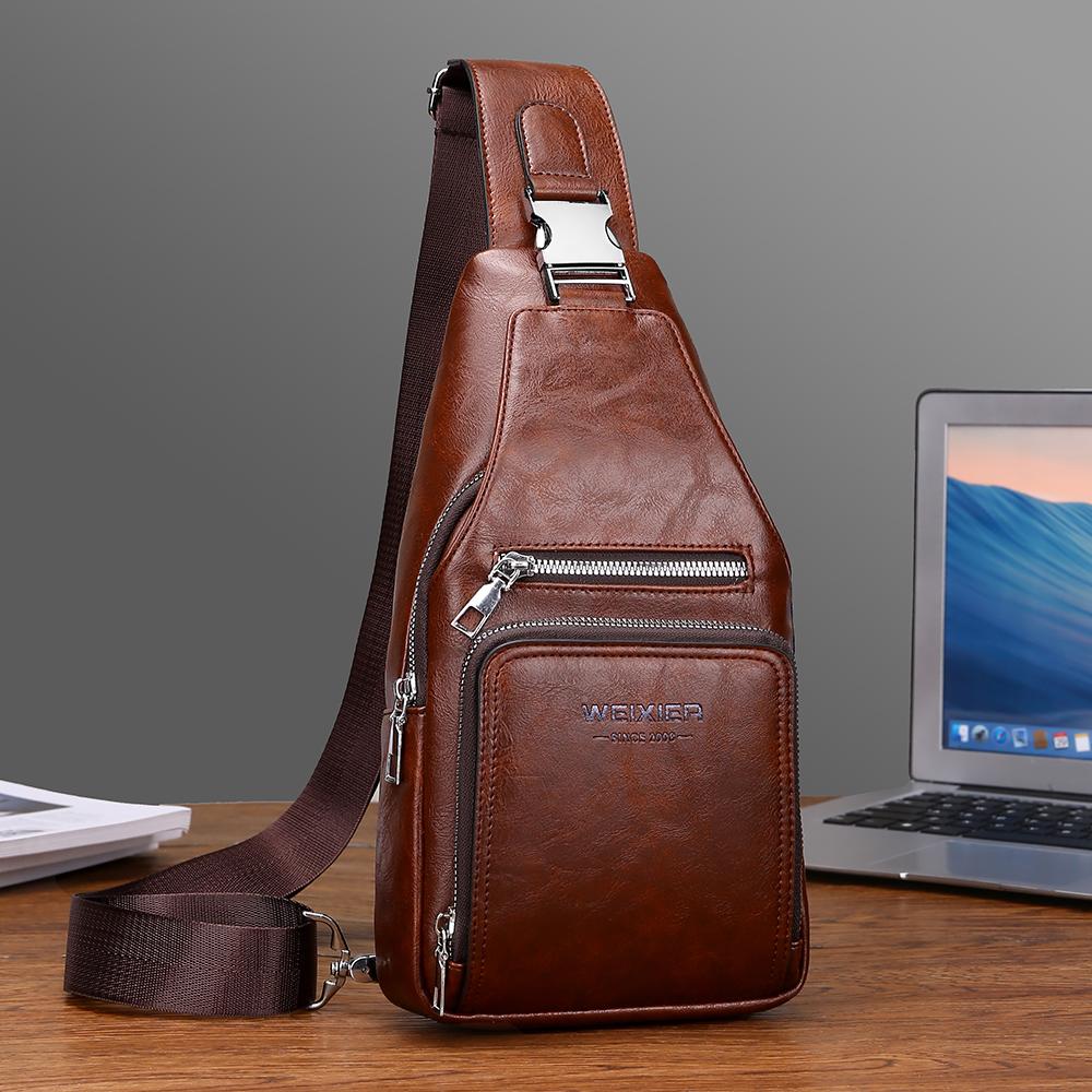 WEIXIER Bolso Bandolera de Cuero para Hombre Crossbody Hombro Pecho Impermeable Casual Mochila de Día para Viajes Deportes al Aire Libre