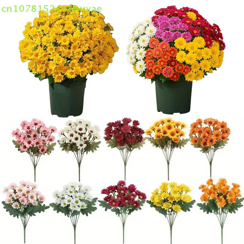 Artificial Sunset Mums Flowers Realistic Outdoor/Indoor Floral Arrangements Waterproof Windproof Fake Flowers Home Party Decor