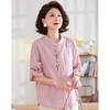 Pasite Women's Summer Chinese Style Embroidered Loose Fit Mid-Sleeve Top