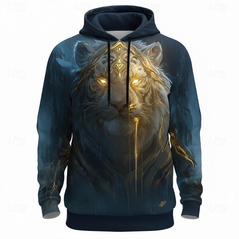 Modisches Herren Hoodie Sweatshirt mit Löwen und Tiger 3D Fantasy Rundhals Pullover Streetwear Kordelzug Herbst Winter Designer