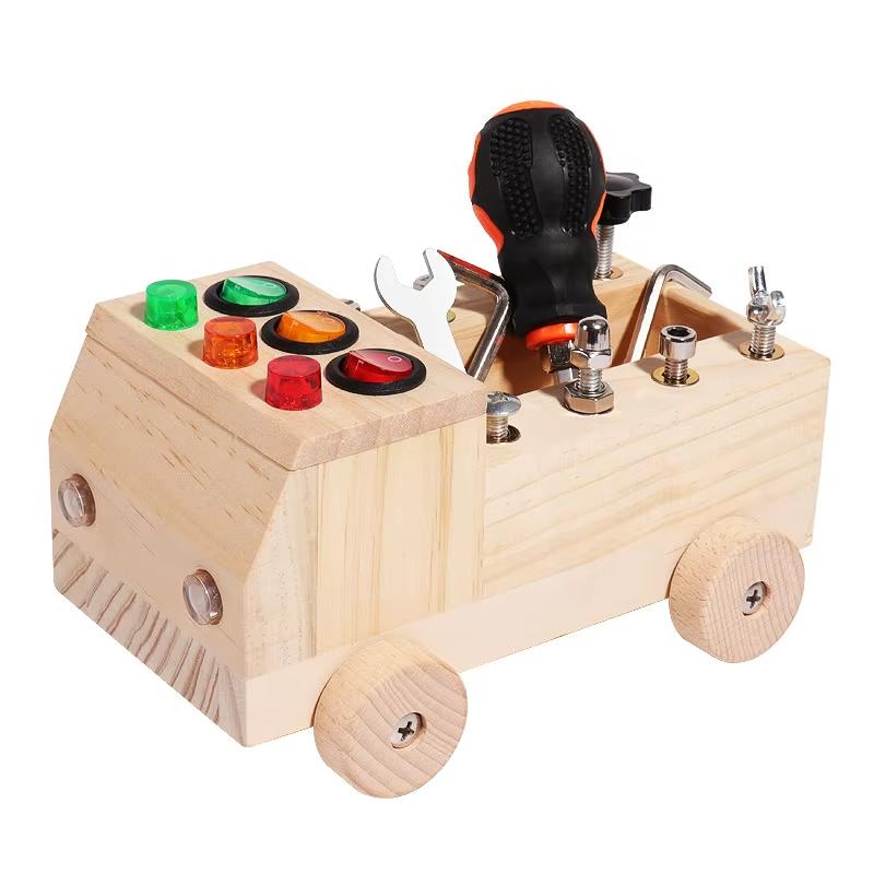 Wooden Montessori Busy Board 2-4 Years Old Children's Early Education Puzzle Toy Sensory Toys Switch Control Box Cart Screw Game