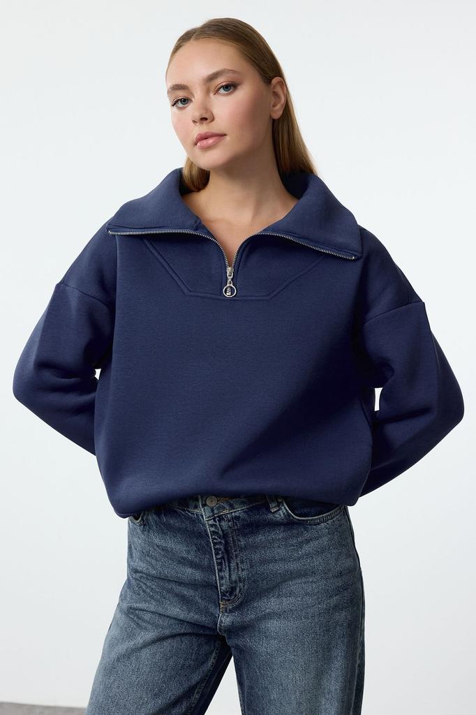Women's Fashionable Stylish Sweatshirt Indigo Thick Inside Fleece Zippered Oversize Wide Fit Knitted Sweatshirt