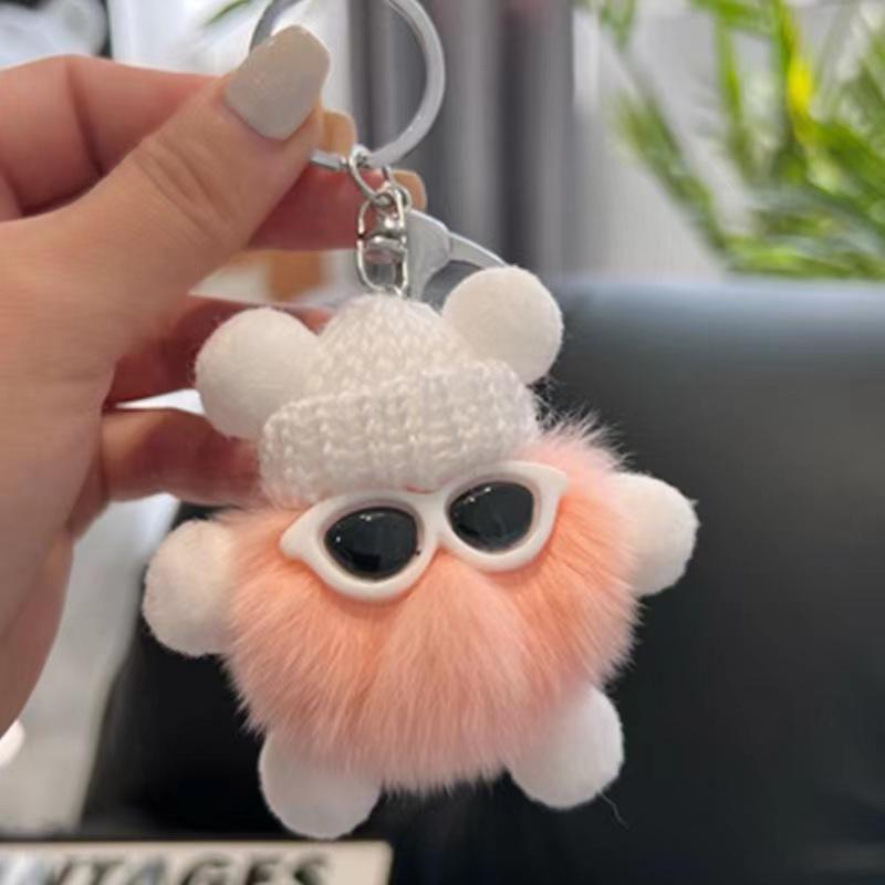 Faux Fur Plush Ball Keychain Ornament - Cartoon Doll Design