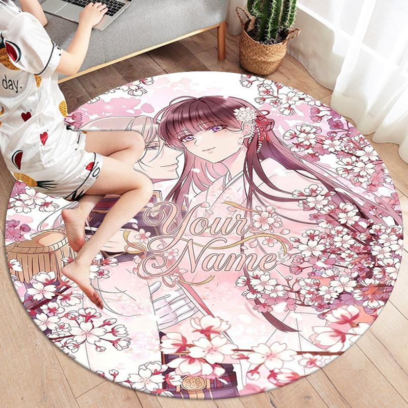 Cherry Blossom Journey Custom Name Round Area Rug Carpet Rug For Living Room Bedroom Sofa Playroom Decor Nonslip Floor Mat