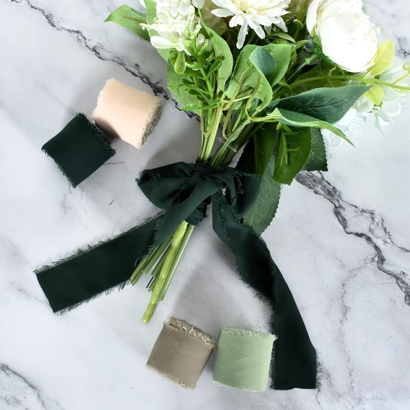 Fringe Chiffon Ribbon Set - 2Rolls, Dark Green, for Bouquet Wrapping, Handmade Crafts, and Gift Packaging - Ideal for Wedding Invites and Decorations