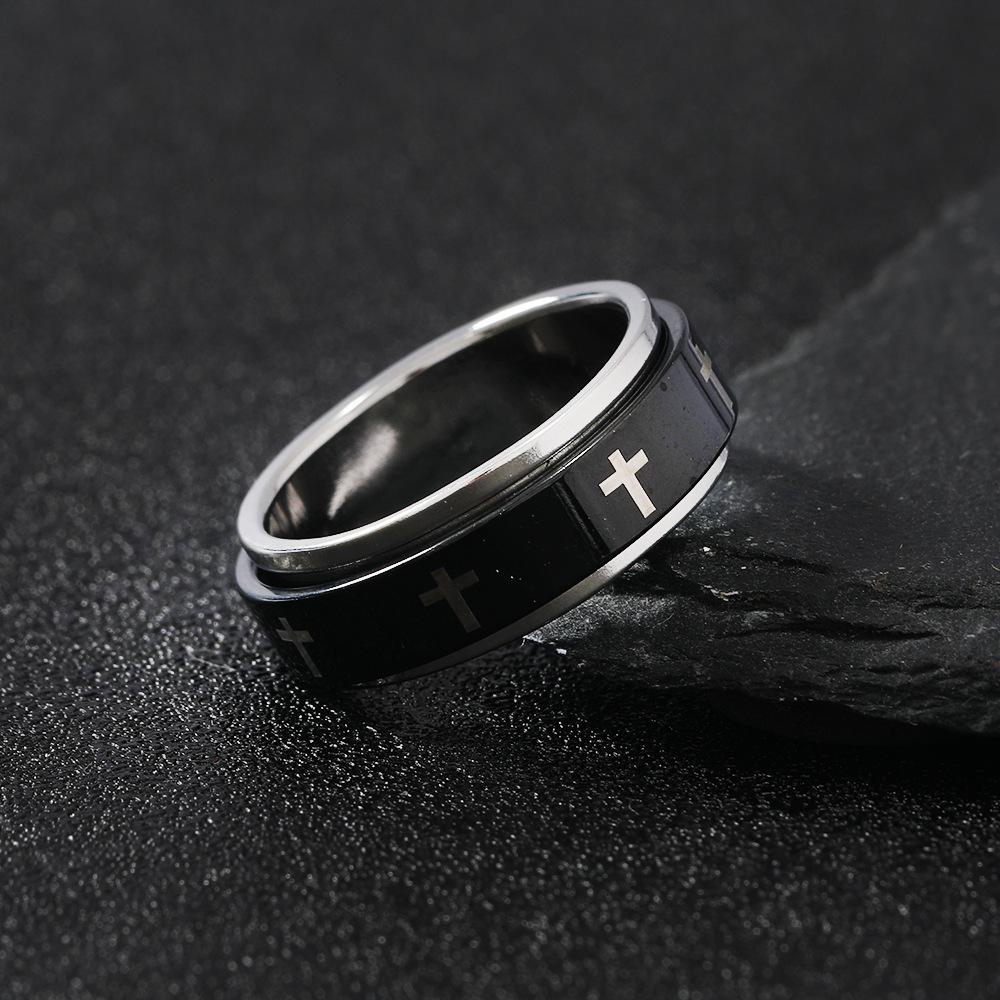 Rotatable Metal Cross Ring For Men Women White In Black Stainless Steel Ring Punk Gothic Accessories Christian Zircon Gift