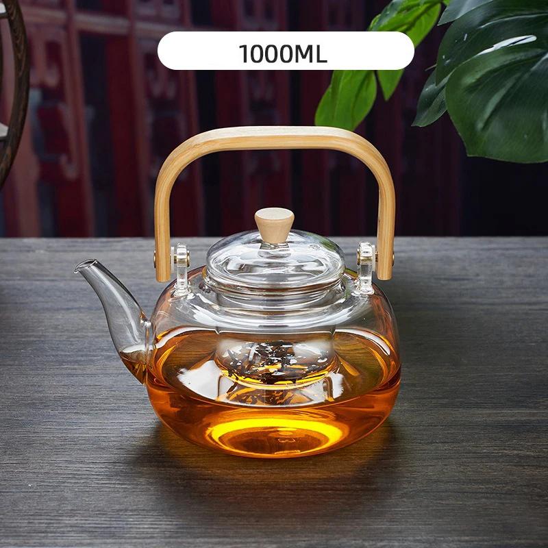 1000ml Glass Teapot Chinese Tea Ceremony Clear Teapot with Filter Wood Handle for Electric Ceramic Stove Home Office Tea Maker