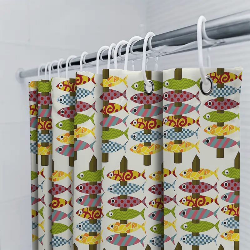 Fish Pattern Shower Curtain Coastal Ocean Sea Life Waterproof Decor Bathroom Set Vintage Nautical Themed Shower Liner