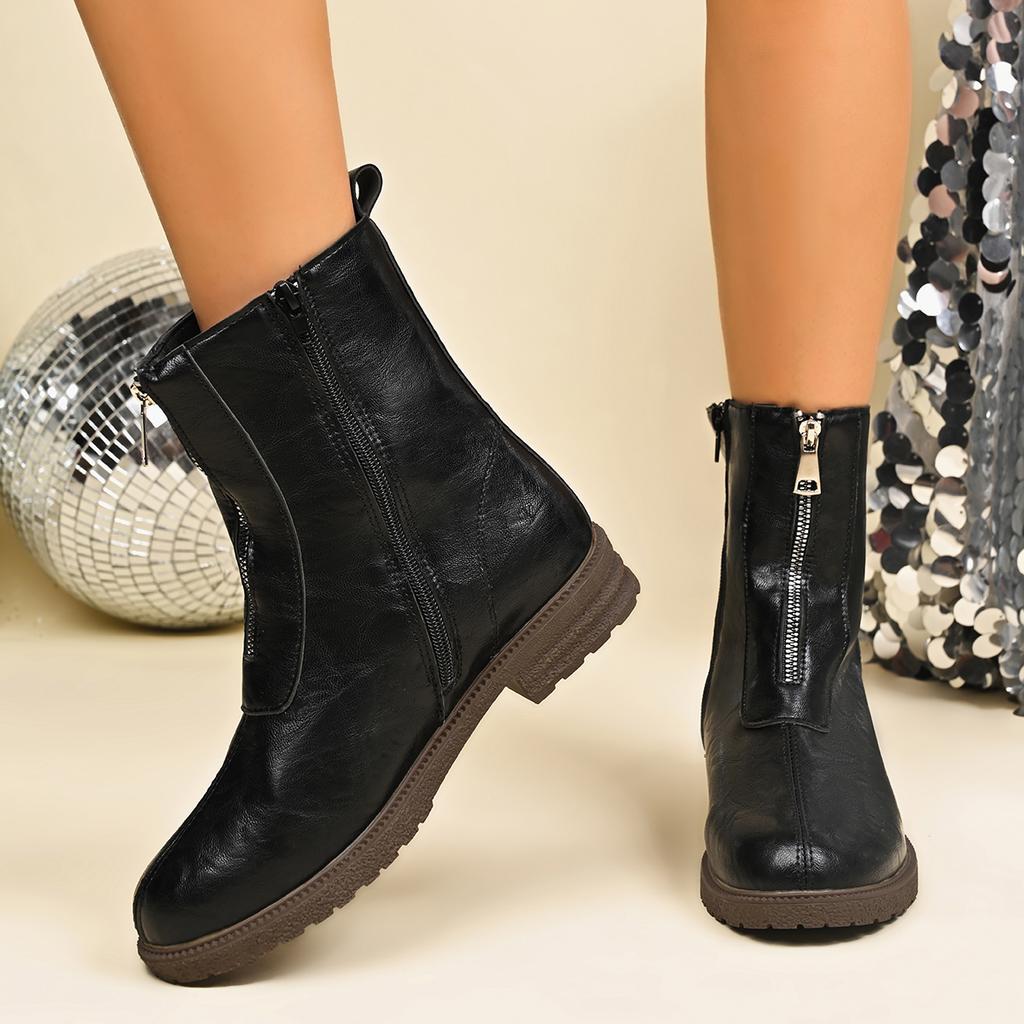 Fashion Leather Chelsea Boots Women's Spring Autumn Ort  Boots Round Toe Zipper Closure Warm Thiened Sole Casual Booties