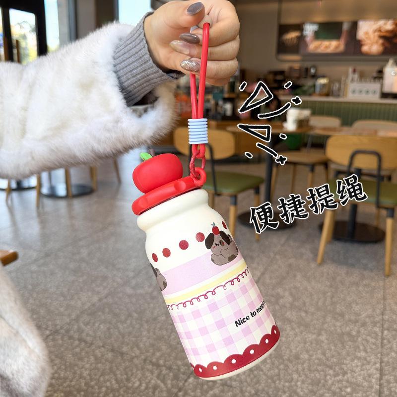 Water bottle: Carefully selected apple straw cup, stainless steel dual-drinking insulated cup, cute water cup with a handle