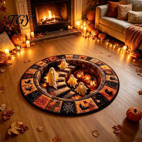 Ghost Pattern Carpet 3D Haunted Staircase Area Rug, Halloween Stair Round with Washable Bedroom Anti-slip Backing, Floor Mat for Living Room Bathroom