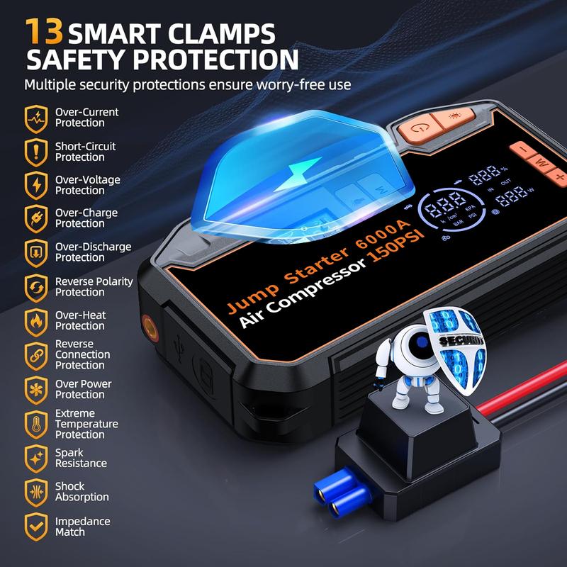 PAIVIROKU 6000A Car Battery Starter Booster & Tire Inflatable Compressor 150PSI Air Pump with Jump Starter Power Bank ,LED Light