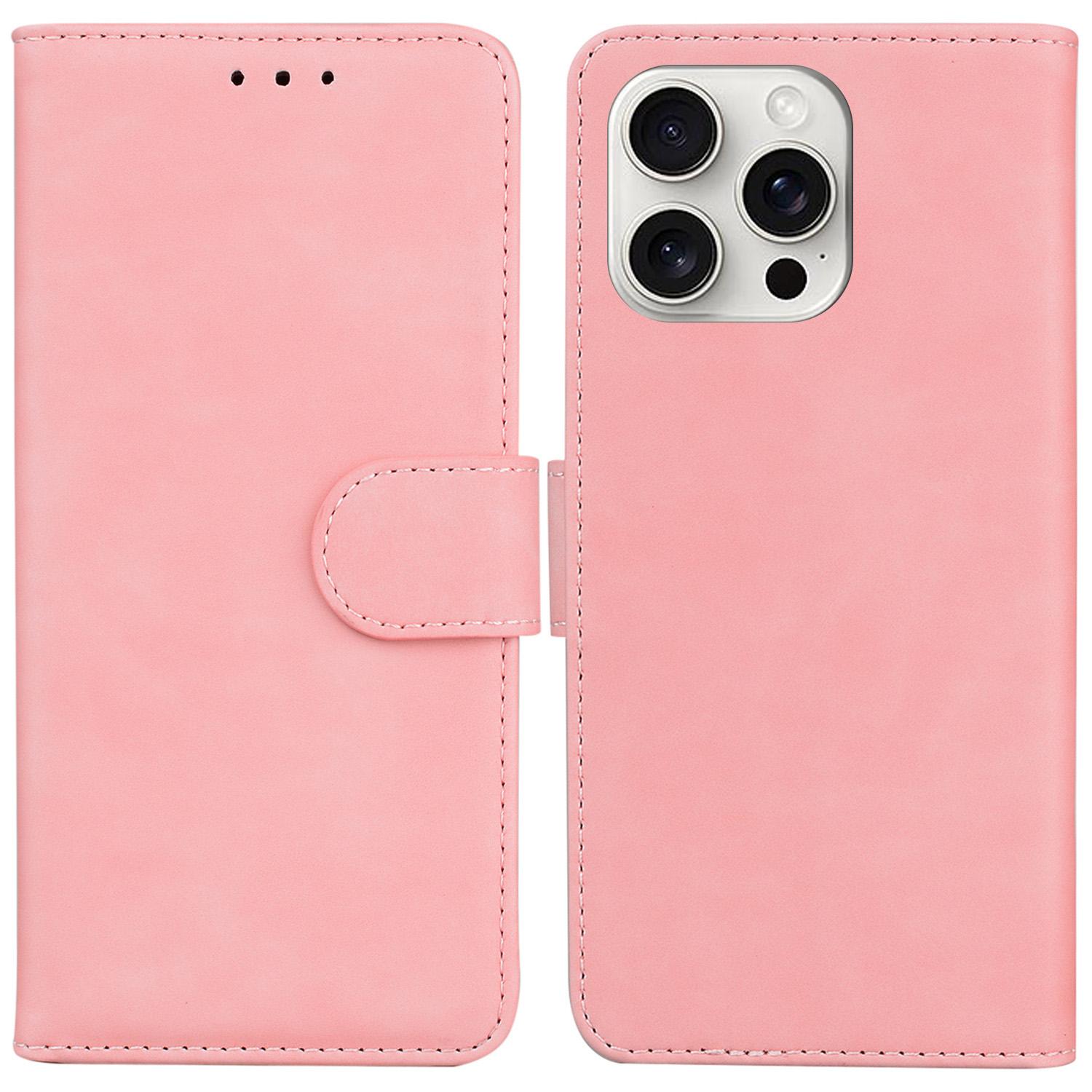 

For iPhone 16 Pro Max Case Solid Color PU Leather Stand Phone Cover Pink