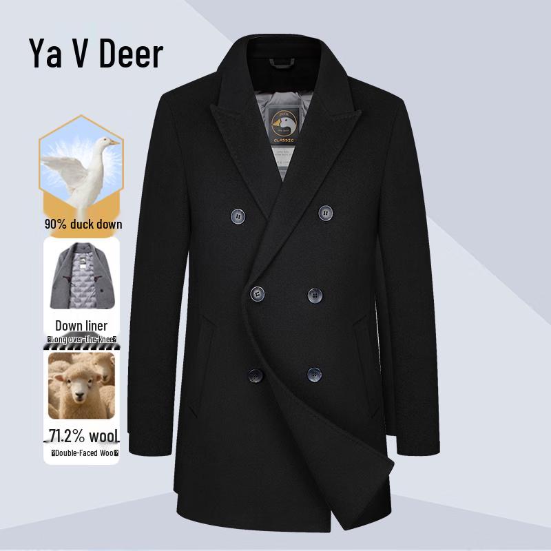 Yalu Men's Wool Blend Double-Breasted Mid-Length Coat with Detachable Down Liner