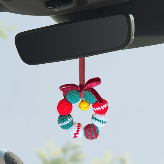 Hand-Knitted Balls Christmas Wreath DIY Knitted Small Wreath Ornament with Mini Jingle Bell for Winter Holiday Home Window Xmas Tree Decor