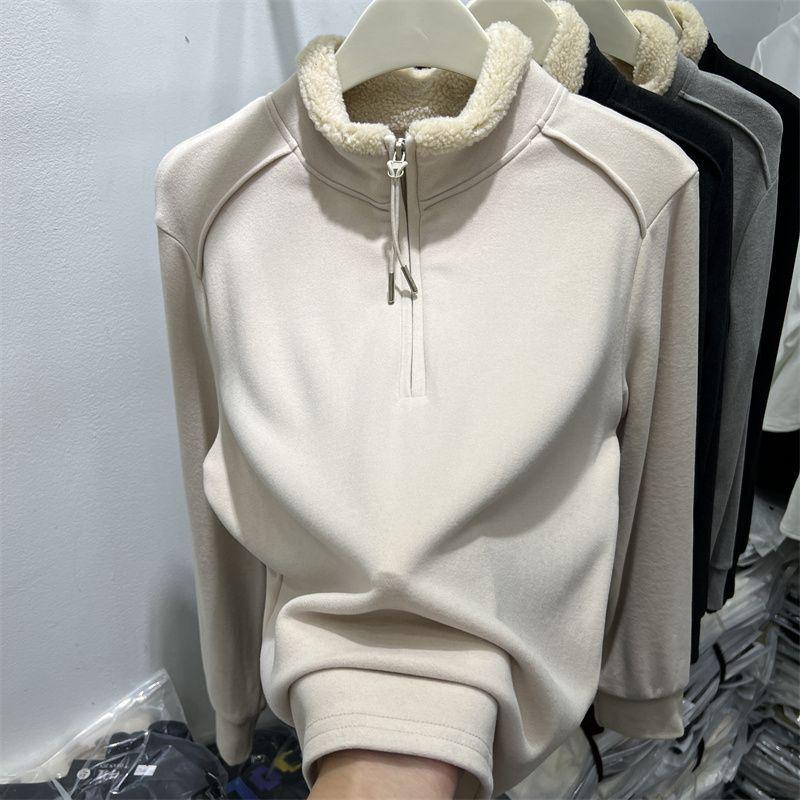 

Plus Size Thick German Fleece Half-Zip Top for Women - Stylish Loose Fit for Autumn/Winter 4XL абрикосовий
