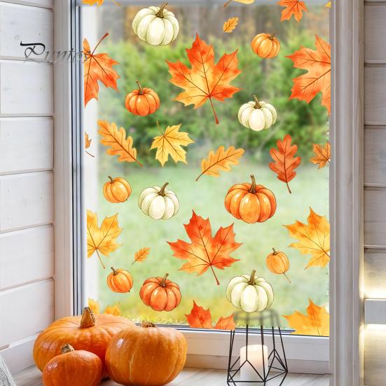 Removable Holiday Glass Stickers Watercolor Fall Static Window Clings Maple Leaf & Pumpkin Stickers Autumn Reusable Cling Film Decal for Thanksgiving