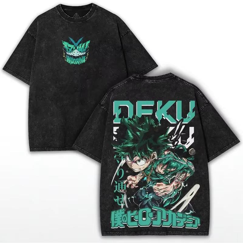 Anime My Hero Academia Midoriya Izuku OCHACO URARAKA Graphic Print T-Shirt Men Women Retro Washed O-neck Cotton Loose Casual Oversized Summer New Tee
