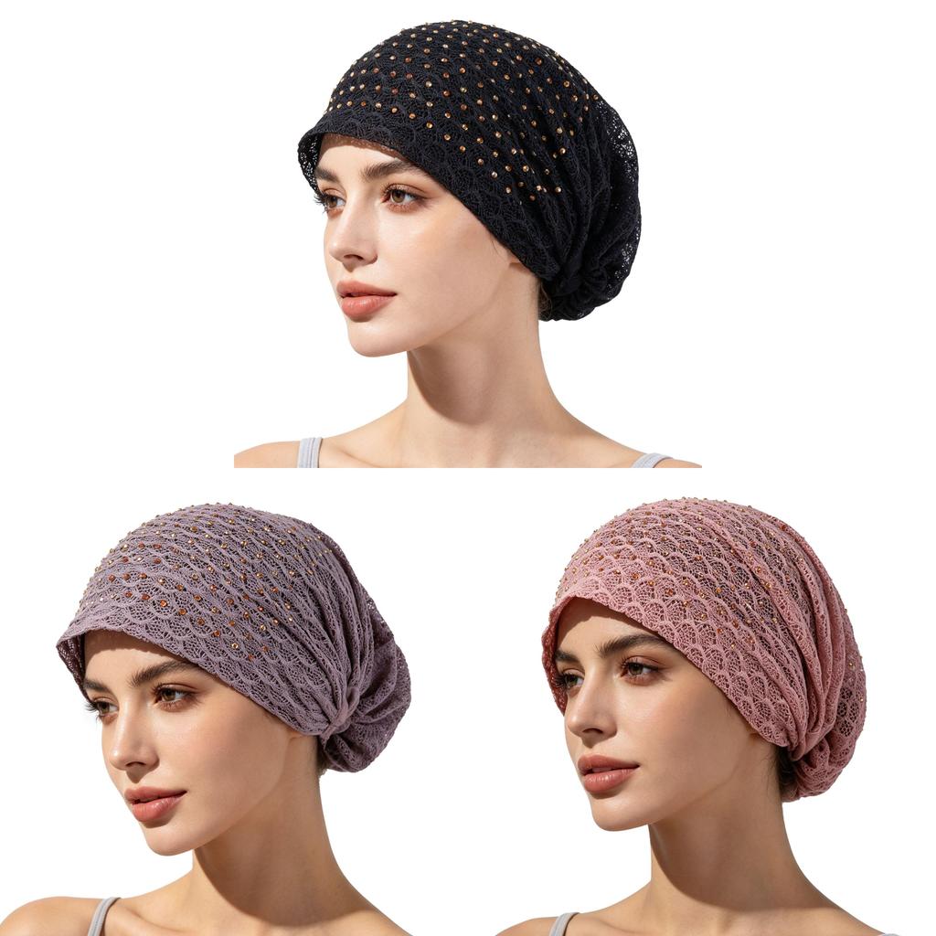 Ethnic Hat Women Spring Summer Thin Breathable Lace Water Drilling Fashion Headscarf Cap