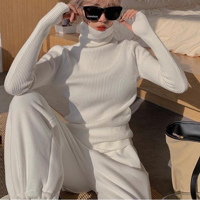 

Вязаный свитер женский корейский вариант водолазка свитер осень однотонный пуловер утягивающий внутренняя отделка теплые базовые топы One Size