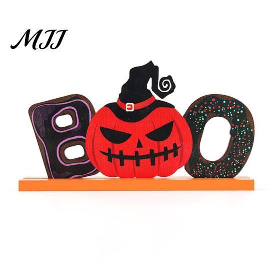 Density Board Craft Ornaments Wooden Halloween Table Ornament, Trick or Treat/Boo/Happy Desktop Decoration Cartoon Ghost Wizard Hat with for