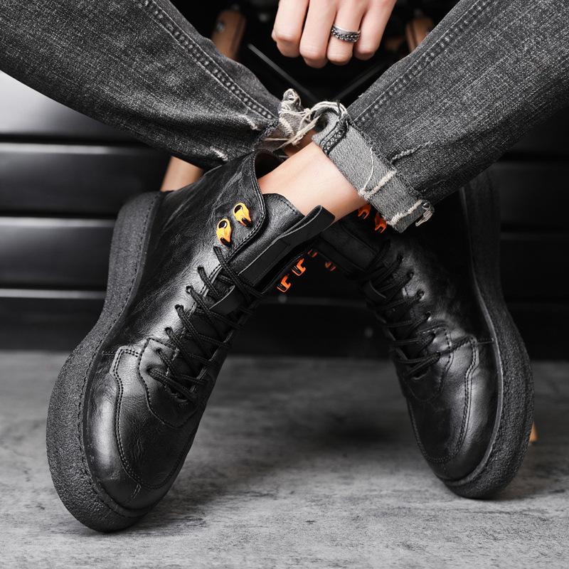 Fashion Men Casual Sneakers Ankle Boots Black PU Leather Autumn Winter Comfortable High-top Casual Shoes Soft Leahter Platform Boots Man