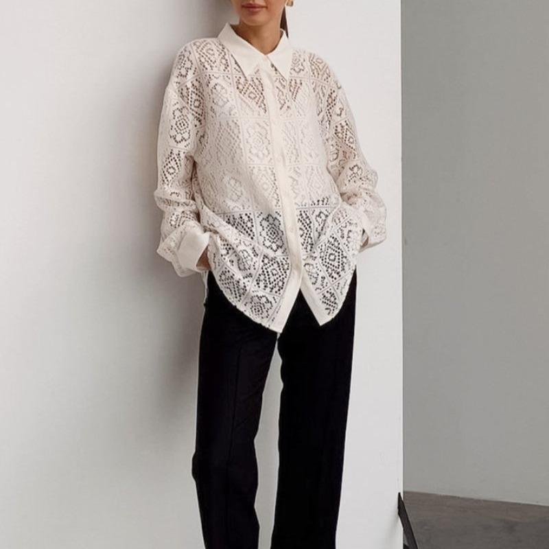Móda Vintage Elegantní Vyšívané Krajkové Košile Dámské Dlouhý Rukáv Volné Ležérní Dámské Halenky Léto Jednobarevné Zapínání na Knoflíky Košile Topy Dámské Oblečení 26263