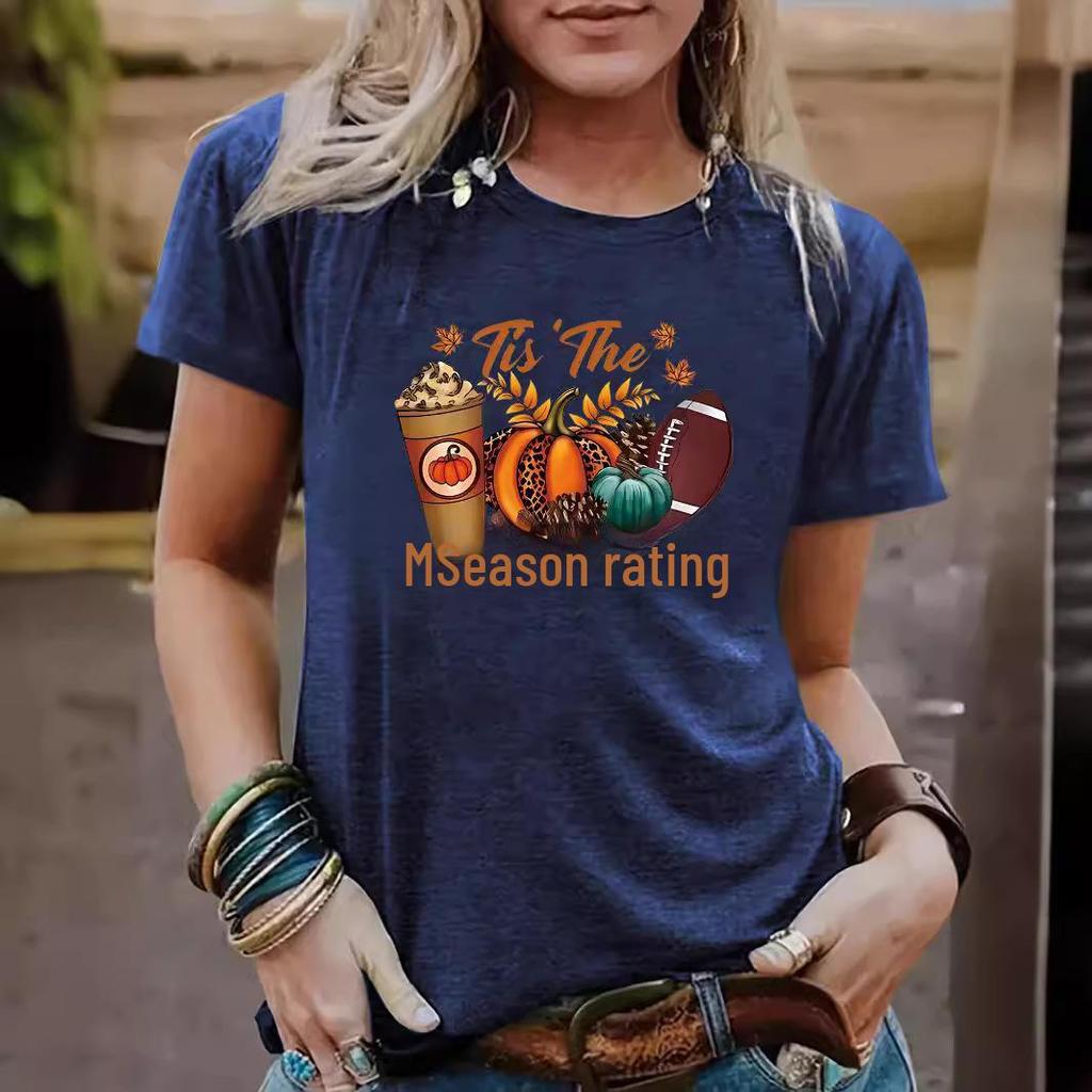 European & American Women's Halloween Pumpkin Baseball Tee - Round Neck, Short Sleeve, Casual Fashion T-Shirt