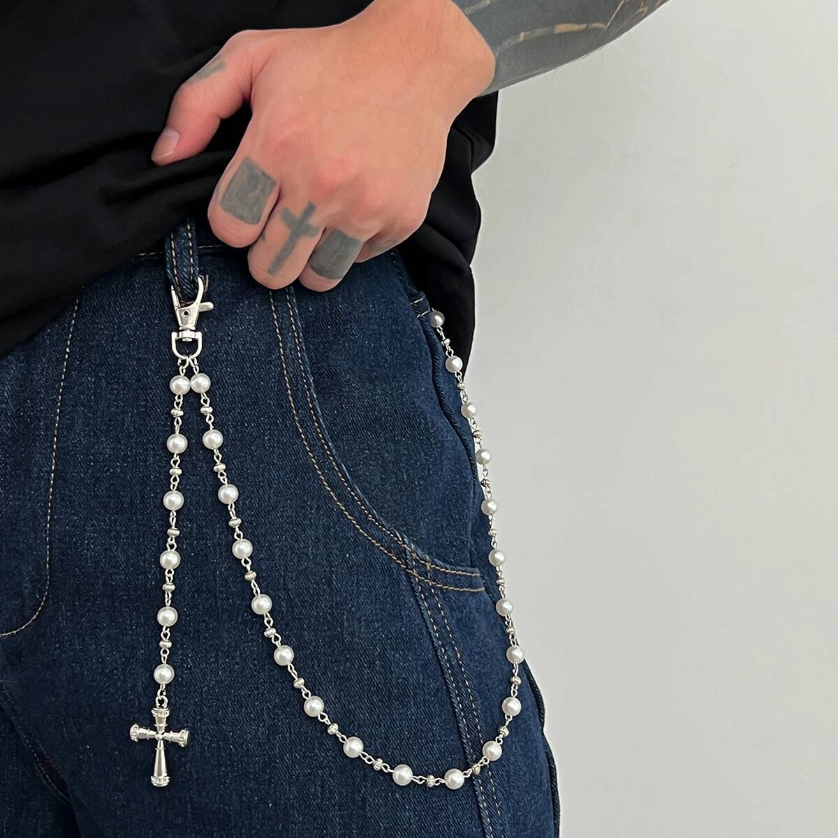 

Ingemark Creative Cross Pendant Imitation Pearl Keychain Wallet Belt Chain for Men Women Trousers Hipster Jeans Chain Jewelry