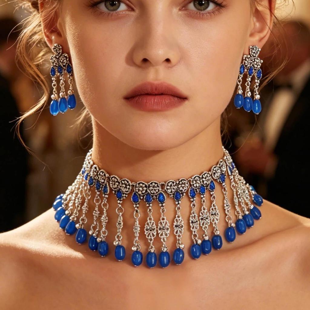 European & American Ethnic Style Rhinestone Tassel Necklace & Earring Set