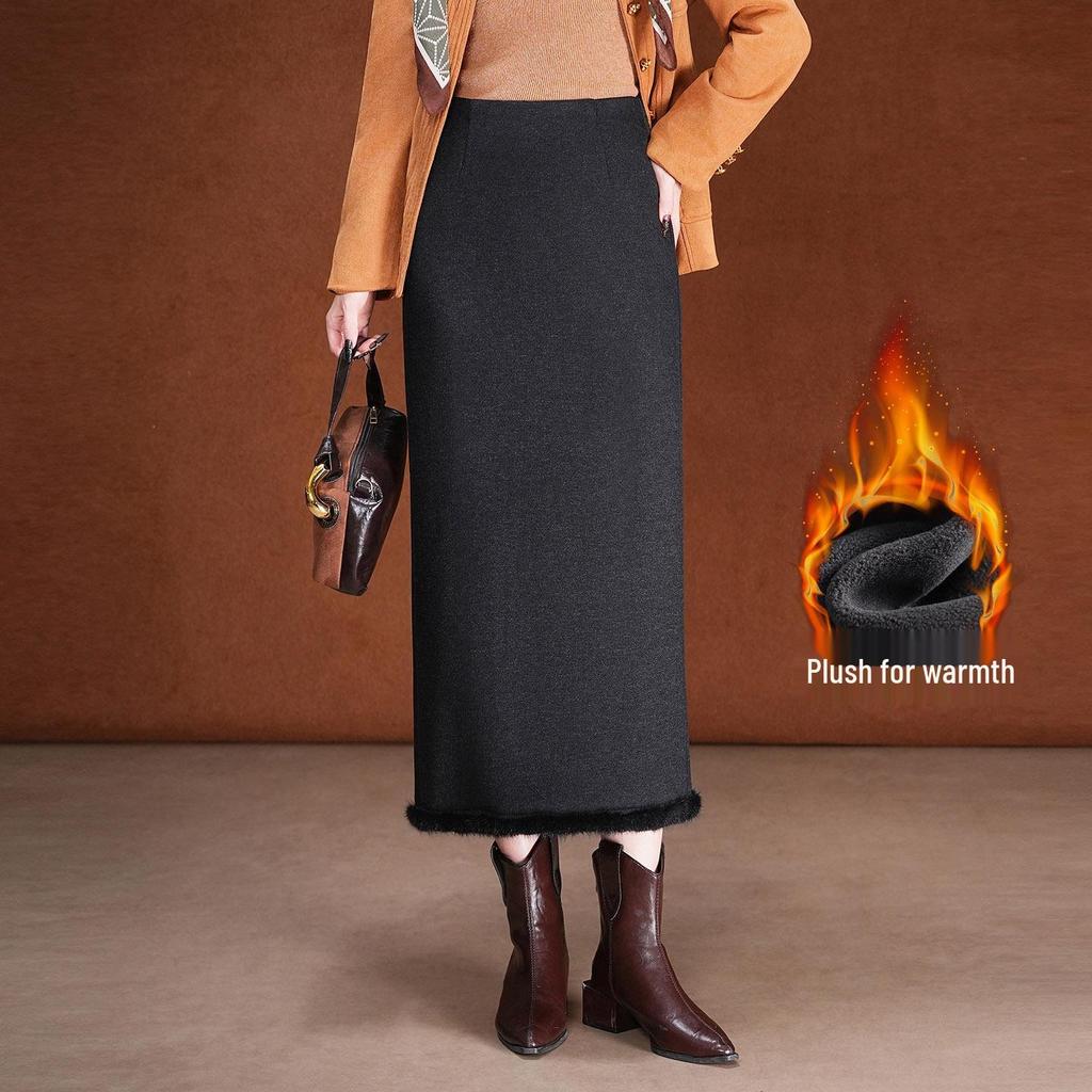 Fluffy Wool-Blend Ruffle Midi Skirt, 2025 Winter High-Waist Slim-Fit Pencil Skirt