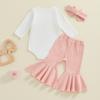 Baby Girls Fall Outfits Letter Print Long Sleeves Romper and Elastic Ribbed Flared Pants Headband Set 3 Piece Clothes