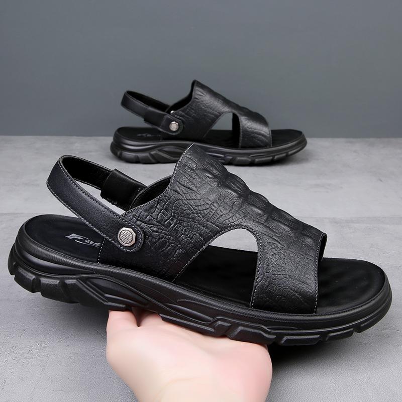 Fashion Crocodile Pattern Mens Sandals Genuine Leather Summer Flats  Outdoor Casual Beach Shoes Fashion Slippers Dual-Purpose Half Drag