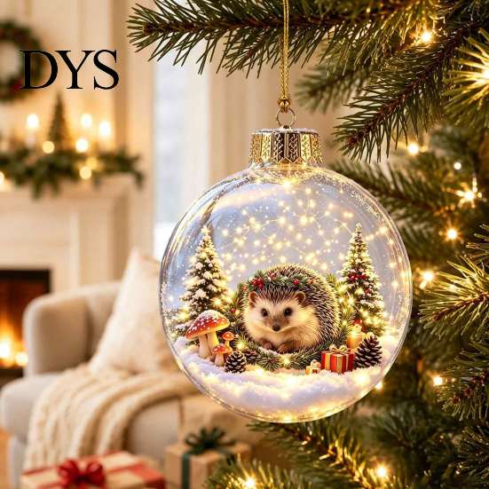 Transparent Holiday Bulbs 3D Christmas Animal Faux Crystal Ball Ornament, Lighted Acrylic Hanging Decor with Hedgehog Penguin Panda, LED Tree Pendant,