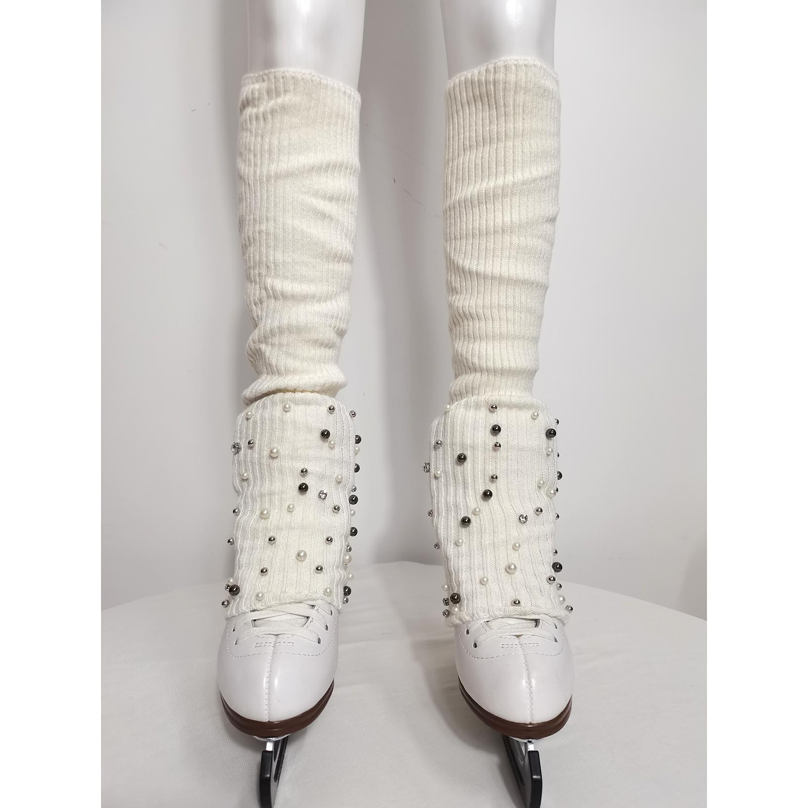 LIUHUO Ribbed Knit Figure Skating Leg Warmers With Pearl Leg Guards and Warmers for Girls One Size белый